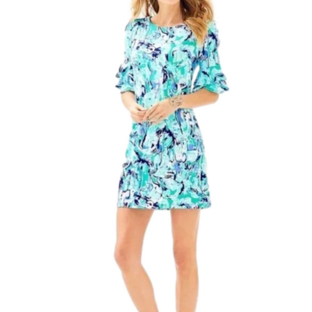 Lilly Pulitzer Lula Shift Elephant Appeal 3/4 ruffle sleeves Size M